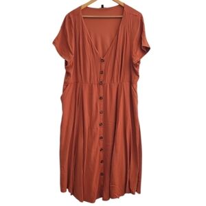 Torrid Lenny Button Front Midi Dress Rust Orange Plus Size 3 Pockets Summer